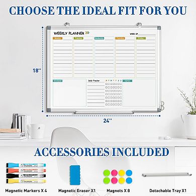 Weekly Dry Erase Calendar Whiteboard 24x18 Double-Sided Planner Aluminum Frame Wall Mount