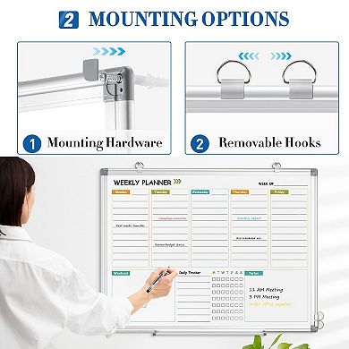 Weekly Dry Erase Calendar Whiteboard 24x18 Double-Sided Planner Aluminum Frame Wall Mount