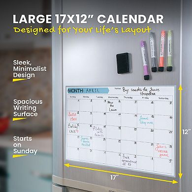 Monthly Magnetic Calendar 17x12" Stain-Resistant Dry Erase Fridge Whiteboard Large Writing Space