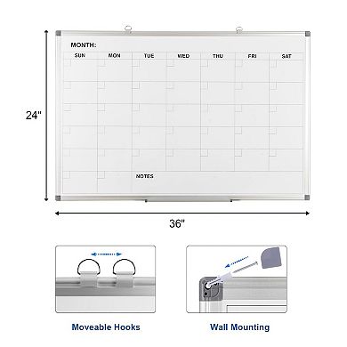 Magnetic Dry Erase Calendar Whiteboard 36x24 Inch Monthly Wall Planner Aluminum Frame