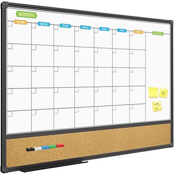 Magnetic Calendar Whiteboard Corkboard Combo 36x24 Inch Black Frame Wall Mounted