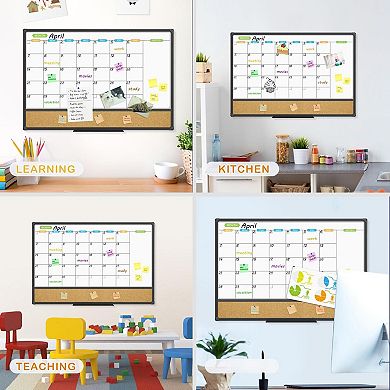 Magnetic Calendar Whiteboard Corkboard Combo 36x24 Inch Black Frame Wall Mounted