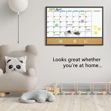 Magnetic Calendar Whiteboard Corkboard Combo 36x24 Inch Black Frame Wall Mounted