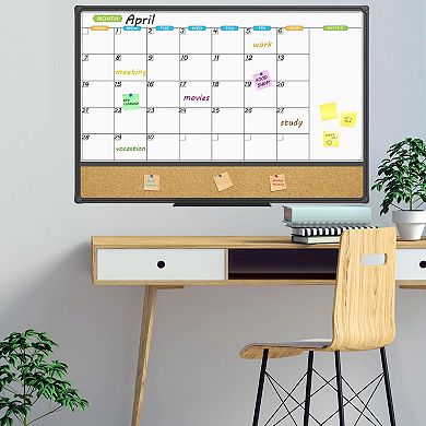 Magnetic Calendar Whiteboard Corkboard Combo 36x24 Inch Black Frame Wall Mounted