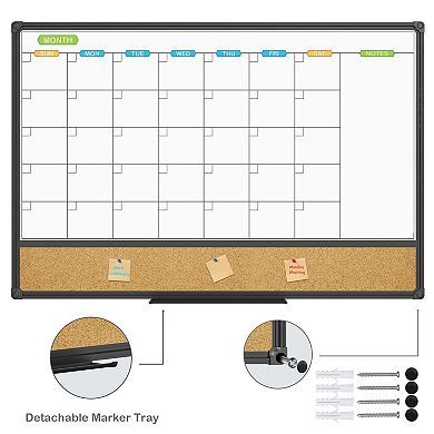 Magnetic Calendar Whiteboard Corkboard Combo 36x24 Inch Black Frame Wall Mounted