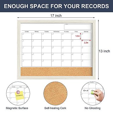 Calendar Whiteboard 17x13 Cork Board Combo Wood Frame Dry Erase Kitchen Office