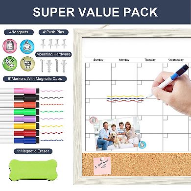 Calendar Whiteboard 17x13 Cork Board Combo Wood Frame Dry Erase Kitchen Office