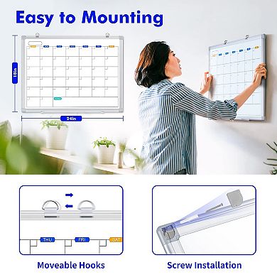 Dry Erase Calendar Whiteboard 24"x18" Magnetic Monthly Wall Board Aluminum Frame Tray