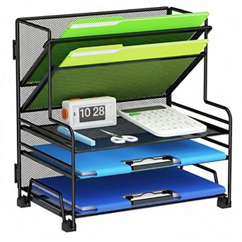 4 tier Paper Tray 3 Pocket File Holder Desk Organizer with Drawer Pen Holders