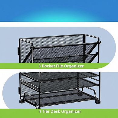 4 Tier Paper Tray 3 Pocket File Holder Desk Organizer with Drawer Pen Holders