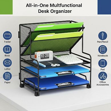 4 Tier Paper Tray 3 Pocket File Holder Desk Organizer with Drawer Pen Holders