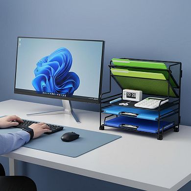 4 Tier Paper Tray 3 Pocket File Holder Desk Organizer with Drawer Pen Holders