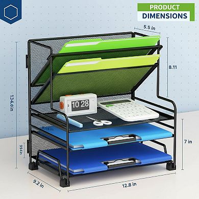 4 Tier Paper Tray 3 Pocket File Holder Desk Organizer with Drawer Pen Holders
