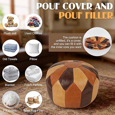 Moroccan Faux Leather Pouf Ottoman Cover Round Storage Waterproof Footrest