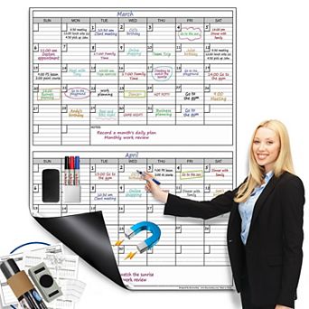 Magnetic-Receptive Dry Erase Wall Calendar 38"x50" Iron-Backed Whiteboard with Accessories Kit