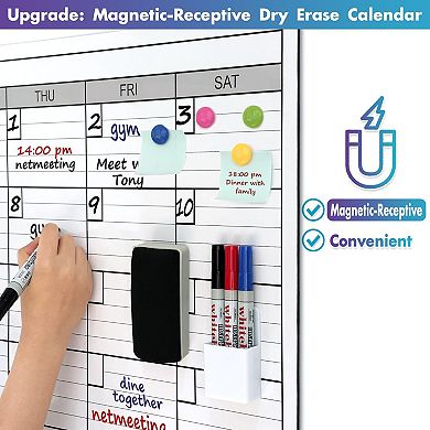 Magnetic-Receptive Dry Erase Wall Calendar 38"x50" Iron-Backed Whiteboard with Accessories Kit
