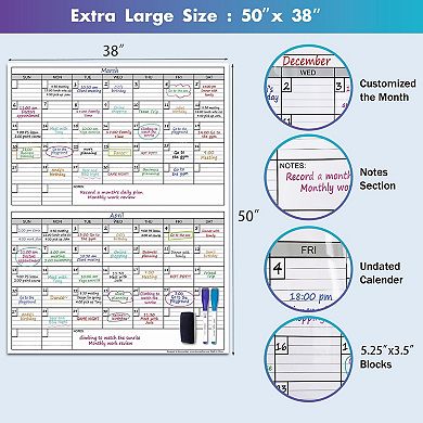 Magnetic-Receptive Dry Erase Wall Calendar 38"x50" Iron-Backed Whiteboard with Accessories Kit