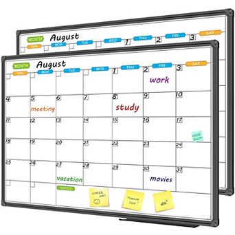 Dry Erase Calendar Whiteboard Magnetic 36x24 Inch Black Aluminum Frame Wall Mounted 2 Pack
