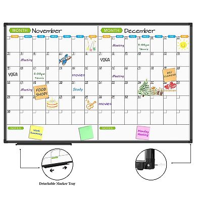 Magnetic Dry Erase Calendar Whiteboard 2 Month Planner 48x31 Inch Black Aluminum Frame Wall Mounted