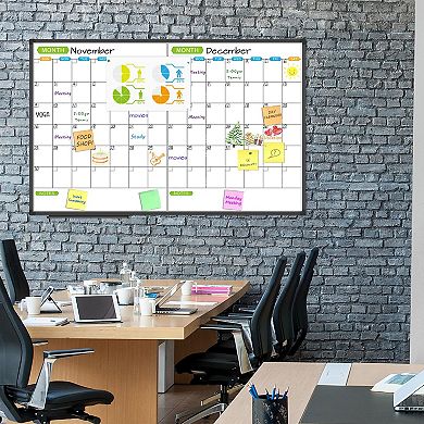 Magnetic Dry Erase Calendar Whiteboard 2 Month Planner 48x31 Inch Black Aluminum Frame Wall Mounted