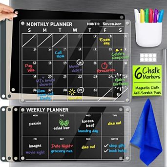 Magnetic Fridge Calendar 2 pc Dry Erase Monthly Weekly Planning Board 6 Markers 3 Backgrounds