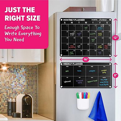Magnetic Fridge Calendar 2pc Dry Erase Monthly Weekly Planning Board 6 Markers 3 Backgrounds