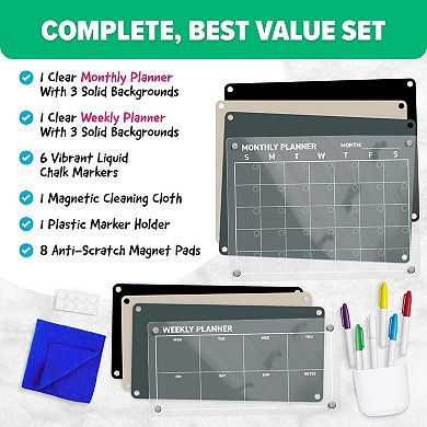 Magnetic Fridge Calendar 2pc Dry Erase Monthly Weekly Planning Board 6 Markers 3 Backgrounds