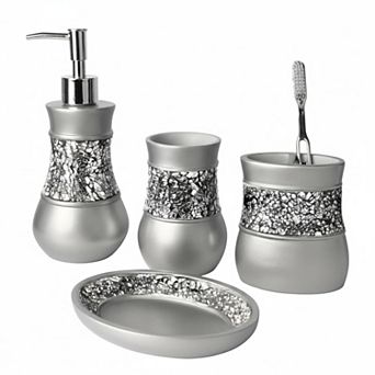 4 pc Crackled Glass & Resin Bathroom Accessory Set