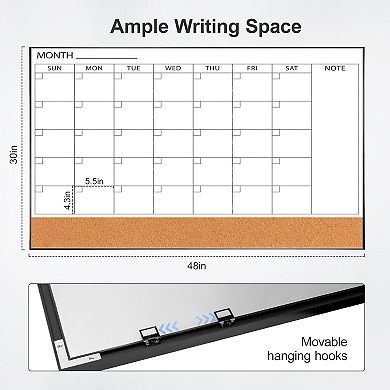 Large Dry Erase Calendar With Cork Board 48"x30" Magnetic Monthly Whiteboard Frame Wall Mounted