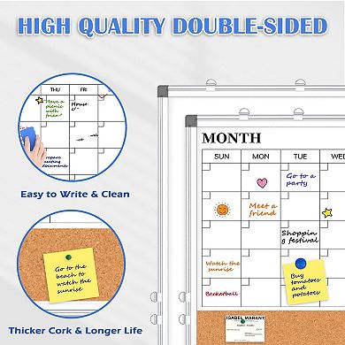 Monthly Calendar Whiteboard Cork Board Combo 36" X 24" Magnetic Double-Sided Wall Mount