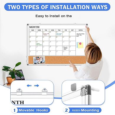 Monthly Calendar Whiteboard Cork Board Combo 36" X 24" Magnetic Double-Sided Wall Mount