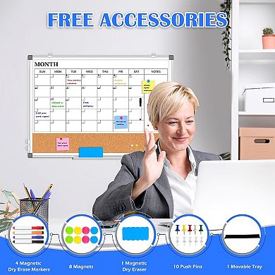 Monthly Calendar Whiteboard Cork Board Combo 36" X 24" Magnetic Double-Sided Wall Mount