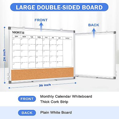 Monthly Calendar Whiteboard Cork Board Combo 36" X 24" Magnetic Double-Sided Wall Mount