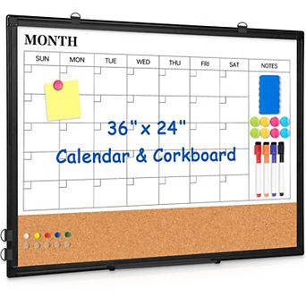 Monthly Calendar Whiteboard Cork Board Combo 36" X 24" Magnetic Double-Sided Wall Mount