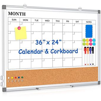 Monthly Calendar Whiteboard Cork Board Combo 36" X 24" Magnetic Double-Sided Wall Mount