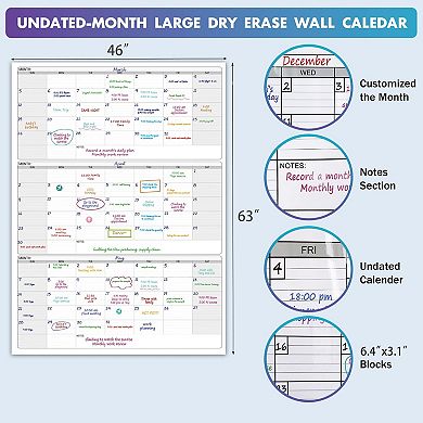 Dry Erase Vertical Three Month Calendar 46" x 63" Laminated Wall Planner Quarterly Giant Whiteboard