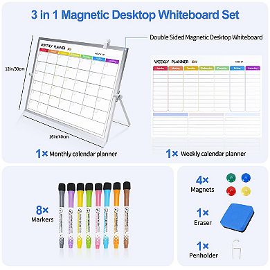 Magnetic Dry Erase Weekly Monthly Planner Desktop Whiteboard Stand 8 Markers