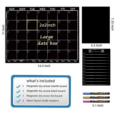 Magnetic Monthly Calendar Chalkboard Set with Neon Markers for Refrigerator