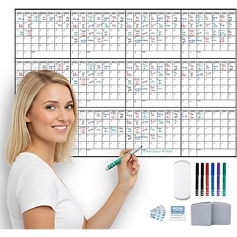 Yearly Medium Dry Erase Calendar Wall Planner 24x36 12 Month with Markers, Adhesive Strips, Eraser