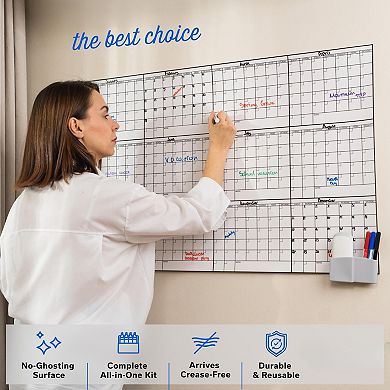 Yearly Medium Dry Erase Calendar Wall Planner 24x36 12 Month with Markers, Adhesive Strips, Eraser