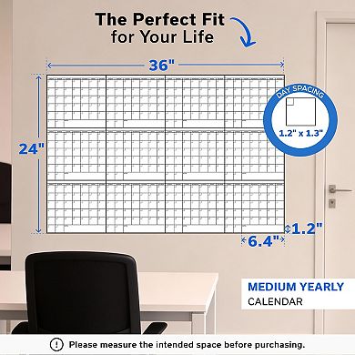 Yearly Medium Dry Erase Calendar Wall Planner 24x36 12 Month with Markers, Adhesive Strips, Eraser