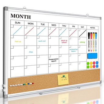 Large Dry Erase Calendar 36"x24" Double-Sided Magnetic Whiteboard Cork Board Aluminum Frame