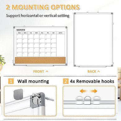 Large Dry Erase Calendar 36"x24" Double-Sided Magnetic Whiteboard Cork Board Aluminum Frame