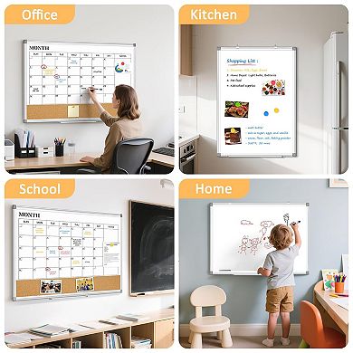 Large Dry Erase Calendar 36"x24" Double-Sided Magnetic Whiteboard Cork Board Aluminum Frame