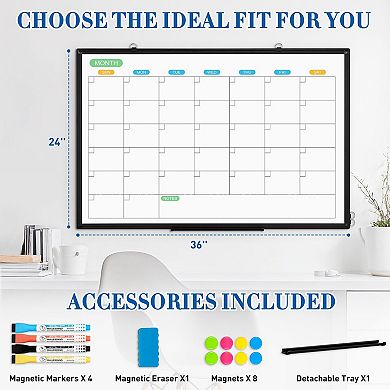 Dry Erase Calendar Whiteboard 36x24 In Double-Sided Monthly Planner Black Aluminum Frame Wall Mount