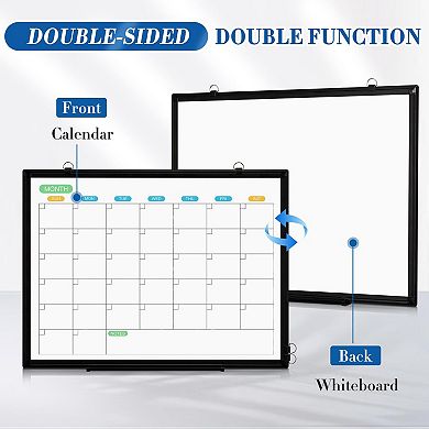 Dry Erase Calendar Whiteboard 36x24 In Double-Sided Monthly Planner Black Aluminum Frame Wall Mount