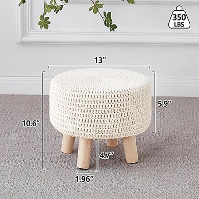 Knitted Cotton Pouf Ottoman Round Footrest Wooden Legs Boho Floor Seat