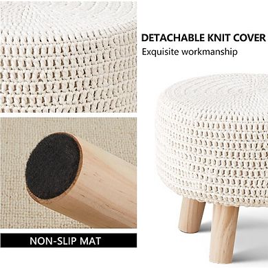 Knitted Cotton Pouf Ottoman Round Footrest Wooden Legs Boho Floor Seat