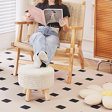Knitted Cotton Pouf Ottoman Round Footrest Wooden Legs Boho Floor Seat