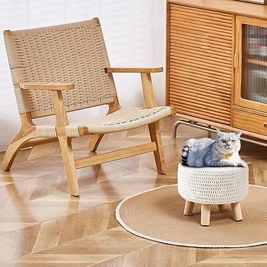 Knitted Cotton Pouf Ottoman Round Footrest Wooden Legs Boho Floor Seat